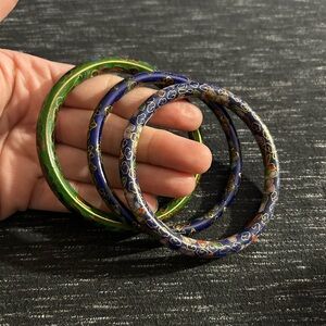 VTG COBALT BLUE GREEN Multicolor Floral CLOISONNÉ Bangles Bracelets Bundle